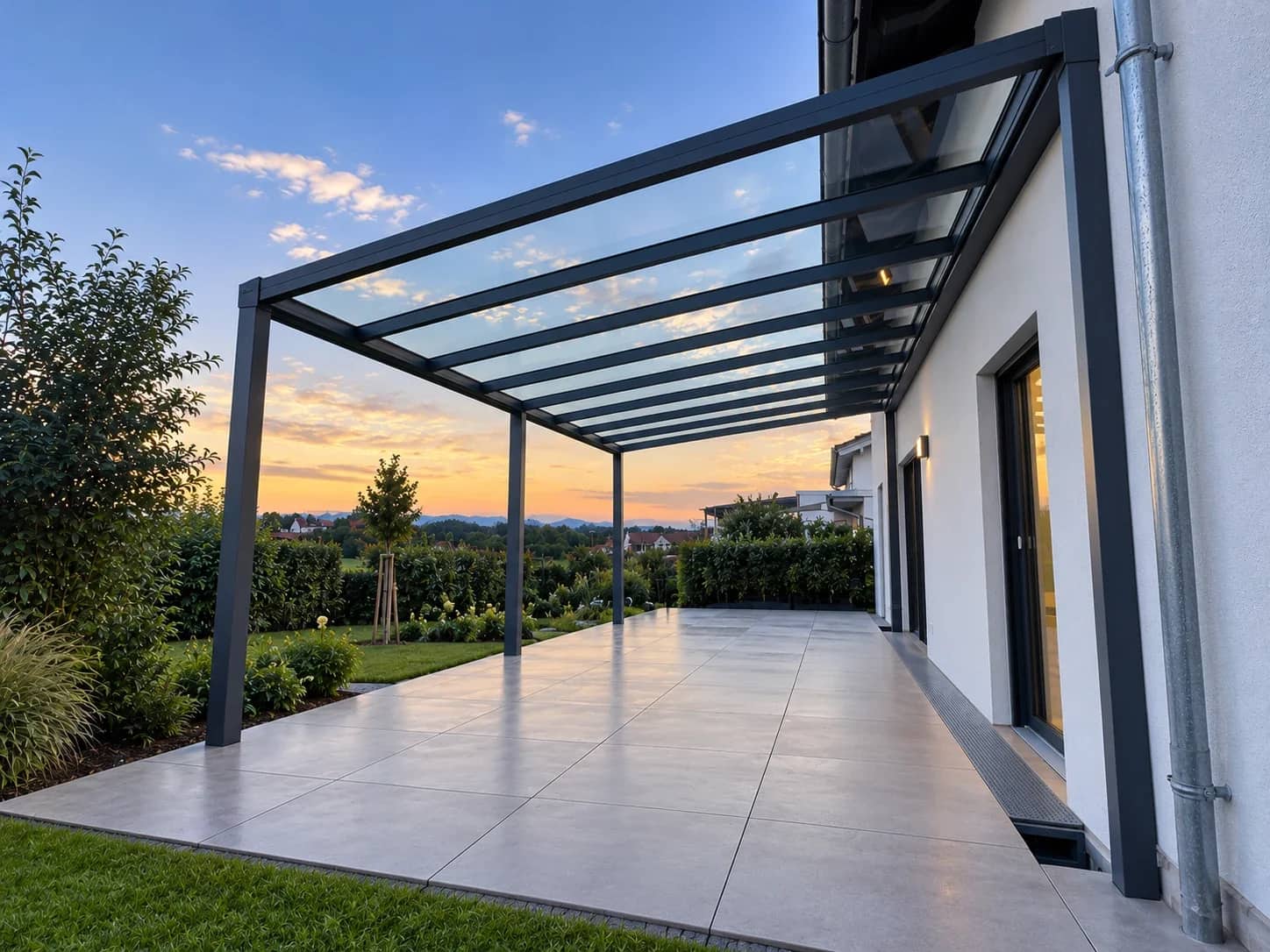 Aluminium-Terrassenüberdachung mit klarem Glasdach an einem Backsteinhaus