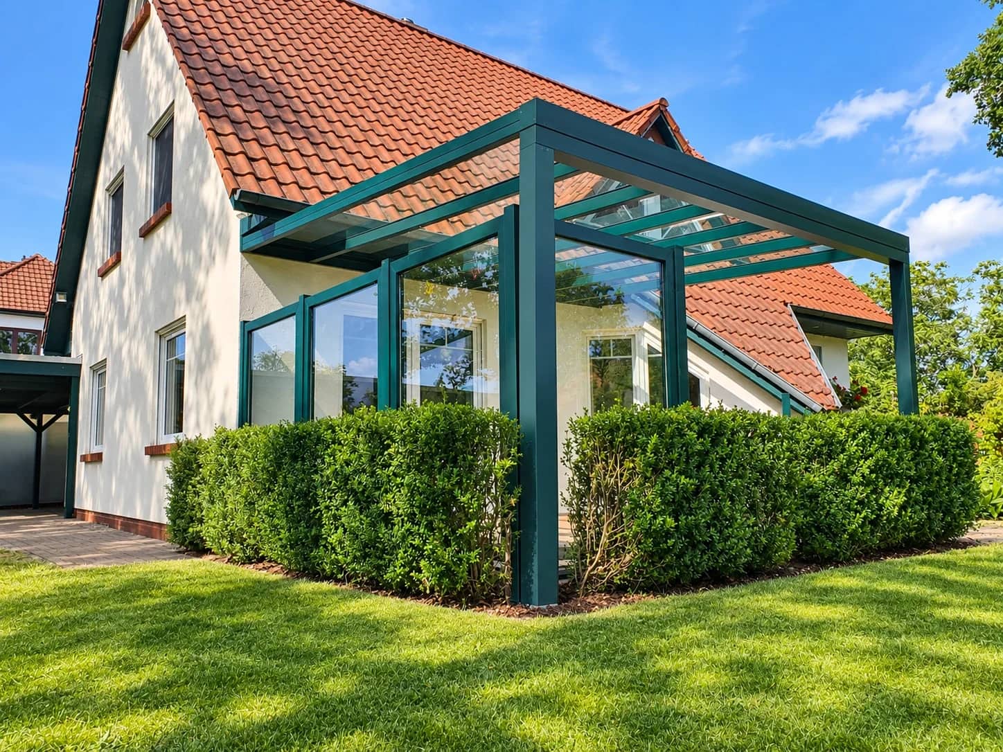 Aluminium-Terrassenüberdachung mit lichtdurchlässigem Dach an einem Einfamilienhaus