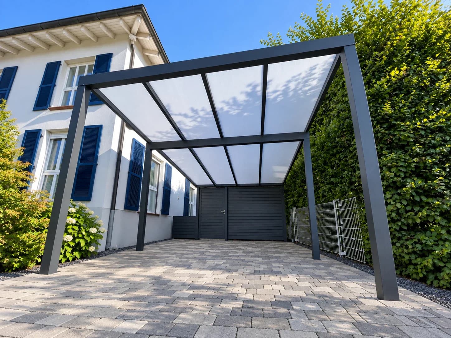 Aluminium-Carport in Anthrazit mit klarer Glaseindeckung