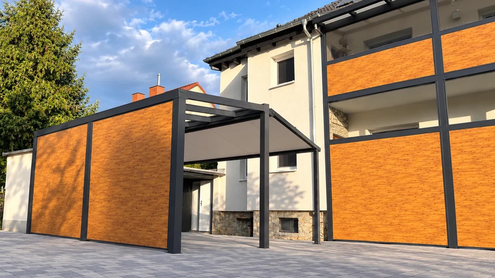 Pergolamarkise auf freistehender Aluminium-Konstruktion in Anthrazit mit Seitenwänden in Holzoptik vor einem weißen Wohnhaus
