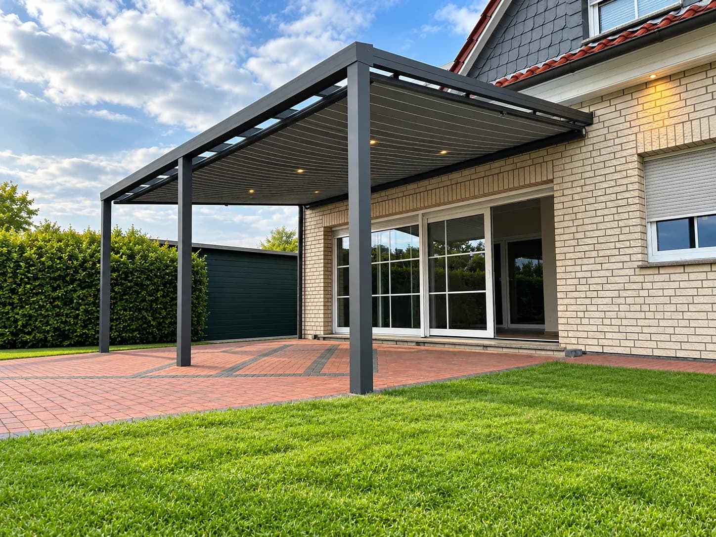 Terrassenüberdachung aus Aluminium in Anthrazit mit Glasdach, Markise und integrierter Beleuchtung am Wohnhaus