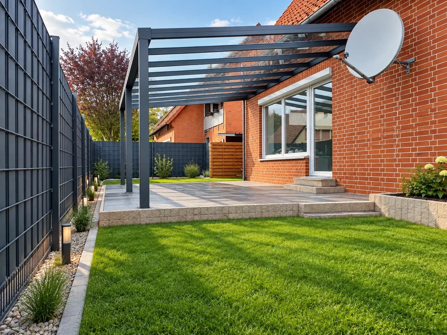 Aluminium-Terrassenüberdachung mit kräftigen anthrazitfarbenen Pfosten und Glasdach