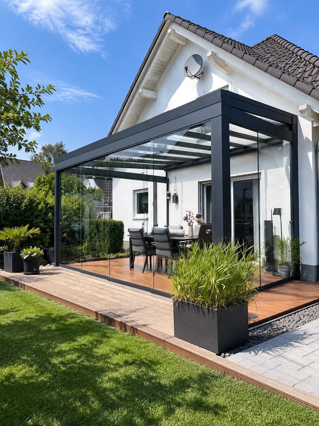 Terrassenüberdachung in Anthrazit mit verglasten Seitenwänden auf einer Holzterrasse am Wohnhaus