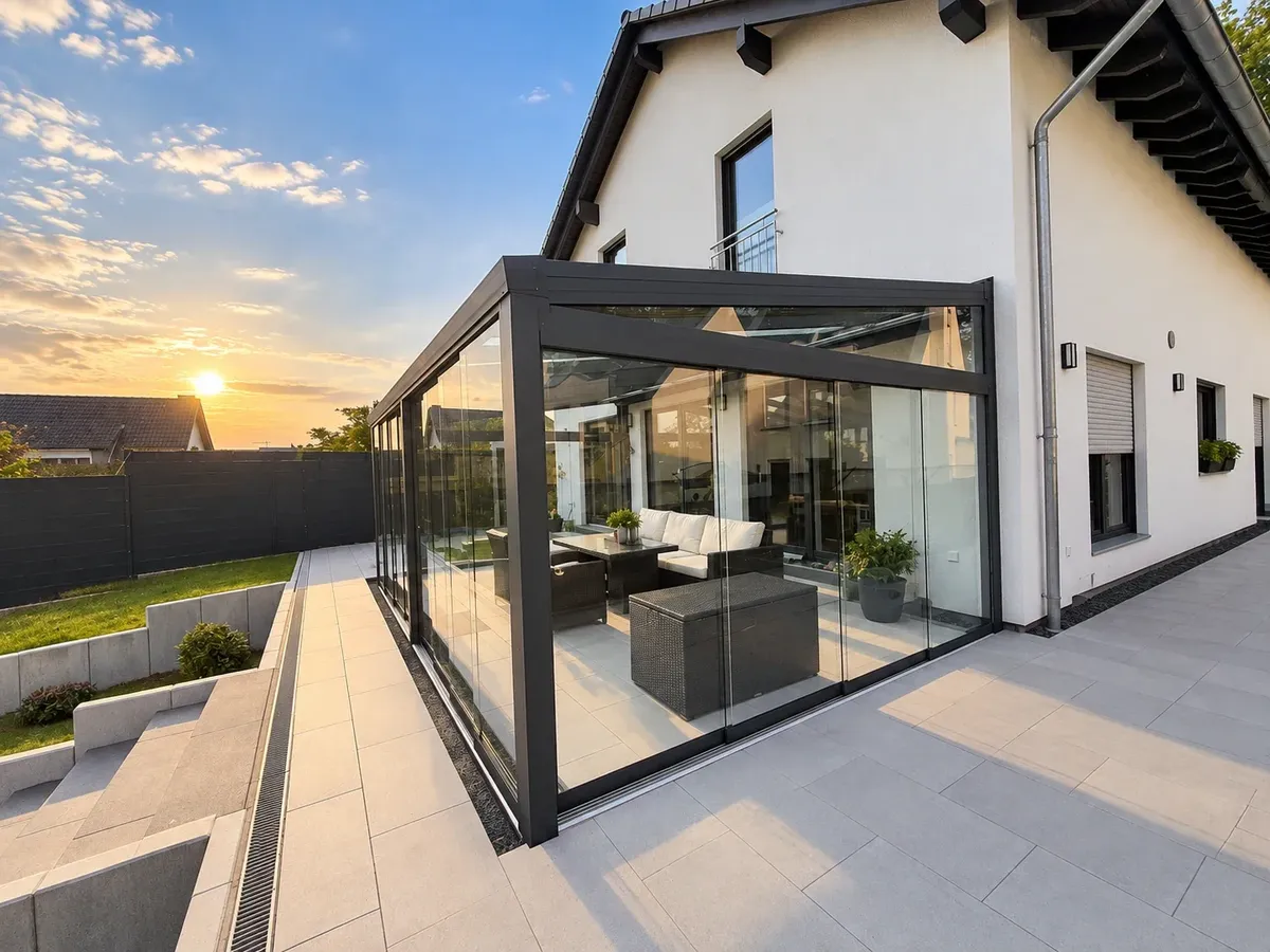 Sommergarten aus anthrazitfarbenem Aluminium mit Glasfront auf der Terrasse eines weißen Wohnhauses im Sonnenuntergang